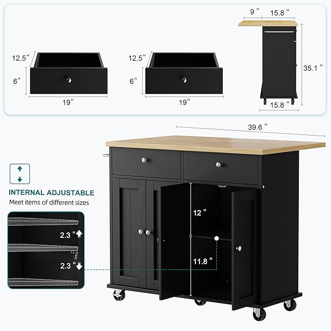 Shintenchi Kitchen Island with Drop Leaf, Rolling Kitchen Cart with Storage on - Image 3