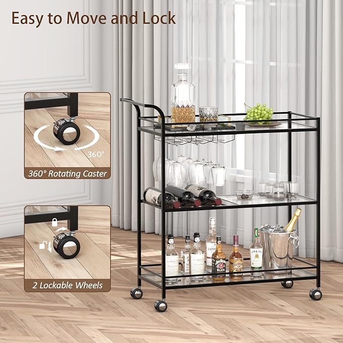 Black Bar Cart, Home Bar Serving Cart - Image 4