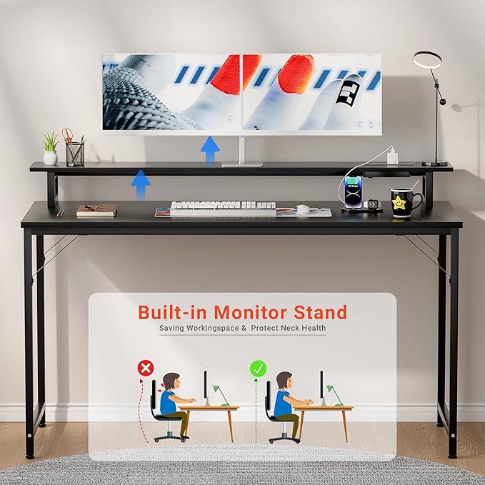 47 inch Computer Desk with Power Outlets, Gaming Desk with LED Lights, Home - Image 6