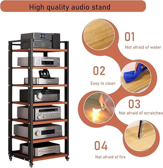 7 Tier Audio Rack Tower, CD Record Player Stereo Receiver AV Equipment Cabinet - Image 5
