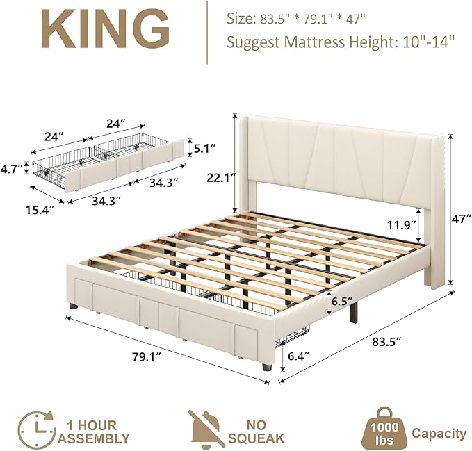 King Bed Frame with Storage Drawers, Upholstered Platform Bed with Headboard - Image 2