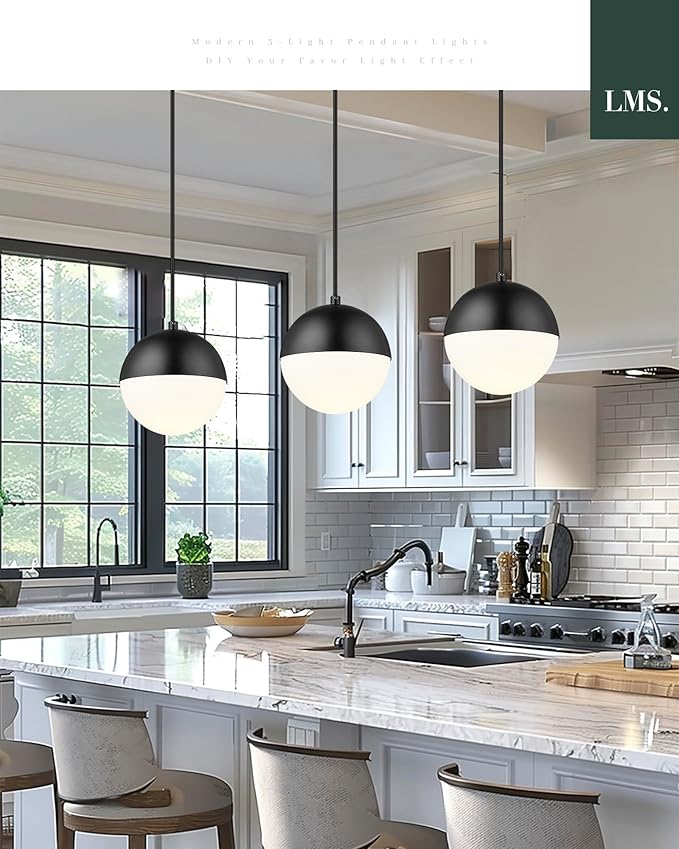 LMS Mid Century Pendant Lights, Matte Black Kitchen Island Light Fixtures - Image 5