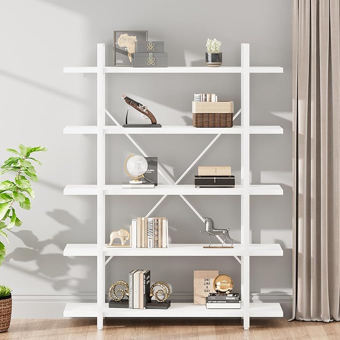 HSH 5 Tier Tall White Bookshelf, Metal and Wood Storage Book Shelves - Image 9