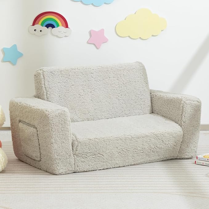 ALIMORDEN Fold Out Toddler Couch, Extra Wide Comfy 2-in-1 Cuddly Sherpa Sofa - Image 2