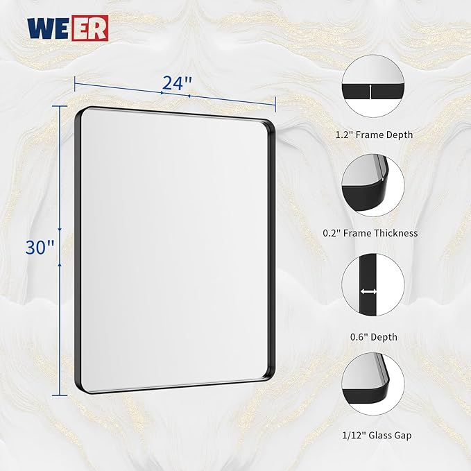 WEER Black Bathroom Mirror for Wall, 24X30 Inch Matte Black Mirror, Rectangular - Image 6
