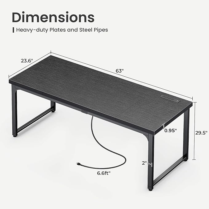 Huuger 63 x 24 inch Desk with Power Outlets & USB-C, Deeper & Thicker Desktop - Image 3