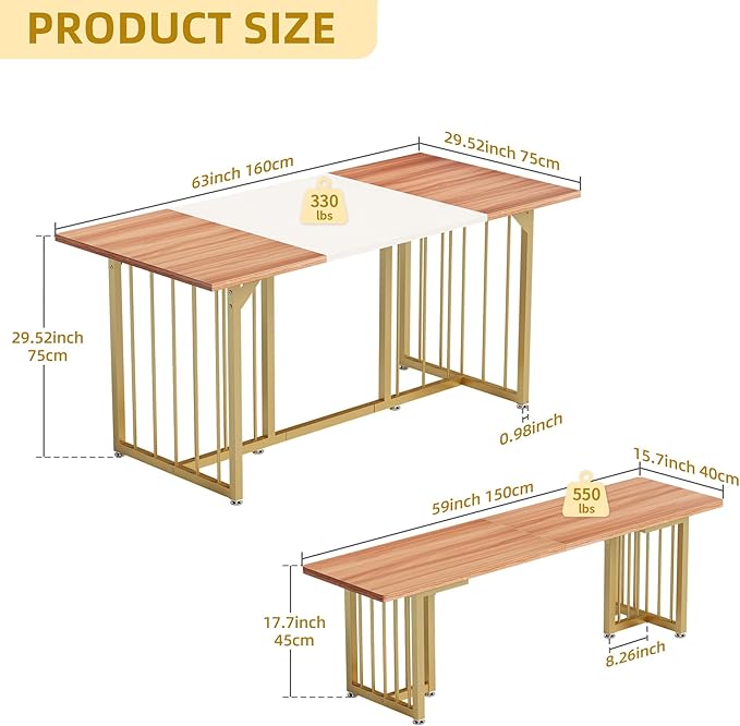 DWVO 3-Piece Dining Table Set for 6-8 People 63" Kitchen Table - Image 2
