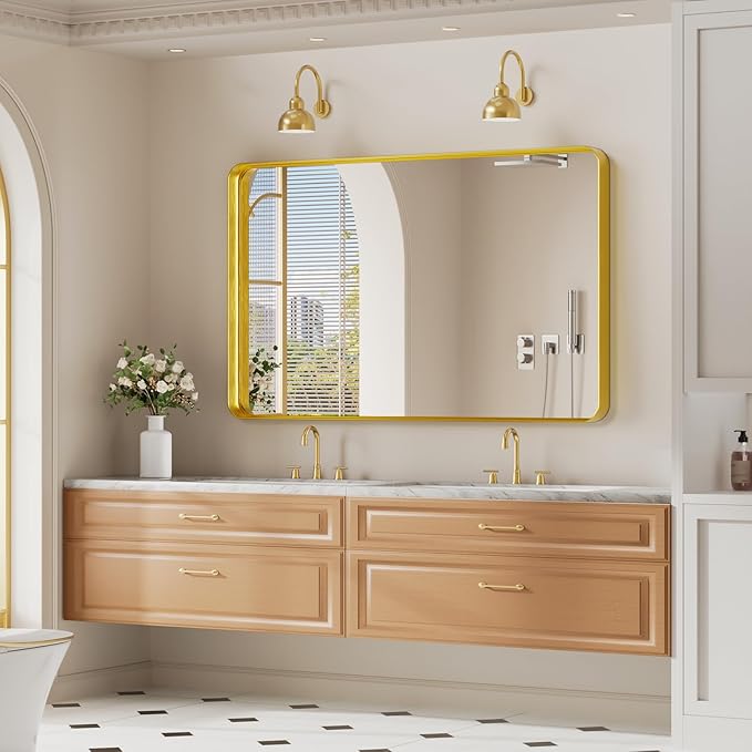 Koonmi Gold Wall Mirror for Bathroom, 30x48 Inch Matte Deep Framed Rounded - Image 9