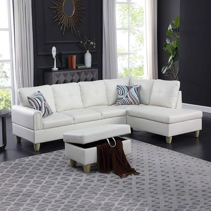 White L-Shaped 3-Piece Faux Leather Sofa by Unknown