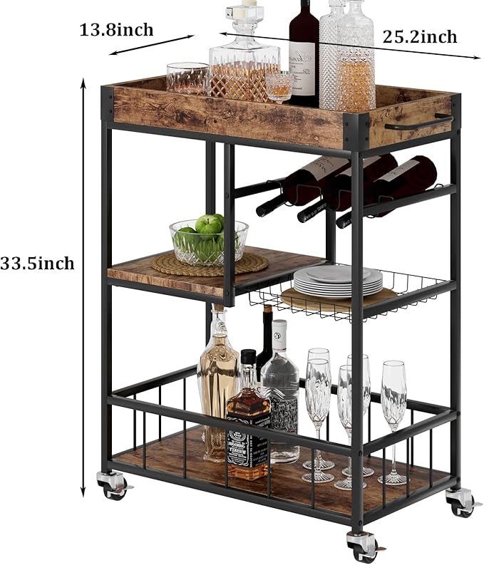 Bar Cart with Basket 3 Tiers Home Rolling Wine Rack with Wheels Mobile Kitchen - Image 5