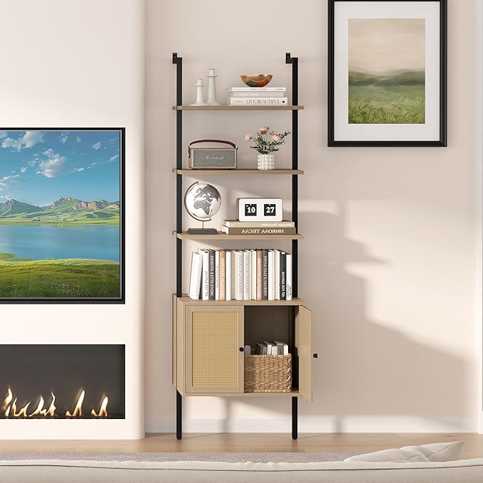 Yusong 73" Tall Bookshelf with Cabinet, Industrial Ladder Wall Mount Shelf - Image 8