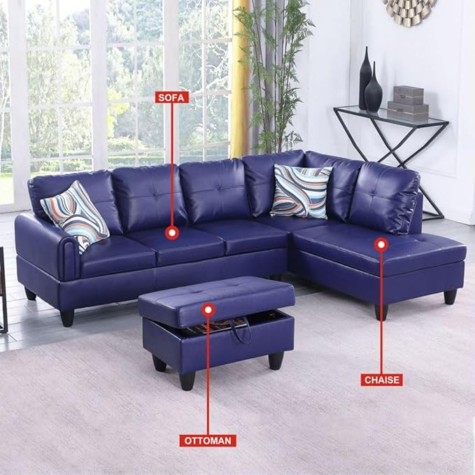 Blue L-Shaped 3-Piece Faux Leather Sofa - Image 3