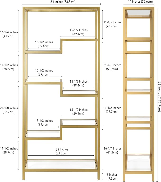 Henn&Hart 68" Tall Rectangular Bookcase in Brass, - Image 3