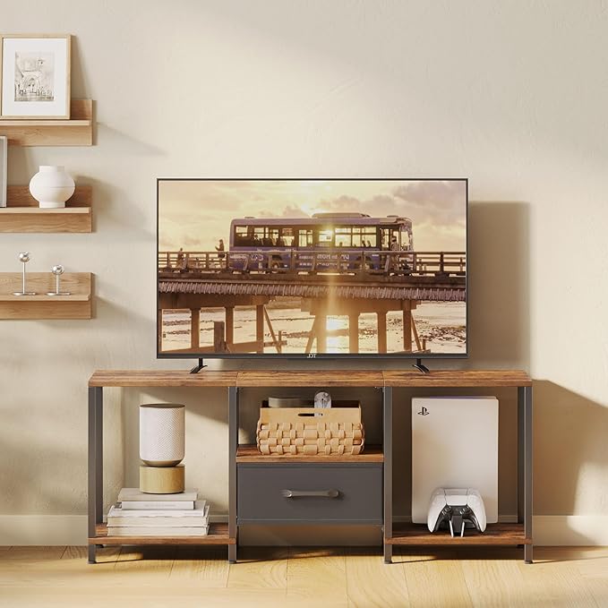 TV Stand with Fabric Drawer for 55 Inch TV, Entertainment Center with Open - Image 2
