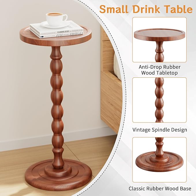 Solid Wood Drink Table, Rubber Wood‌ Small Round Side Table - Image 5