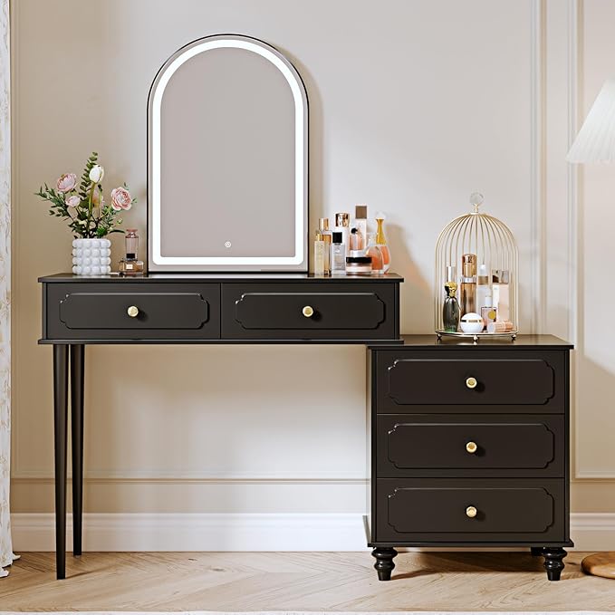 Black, Vanity Desk with Mirror and Lights, Makeup Vanity with Power Outlet and - Image 6