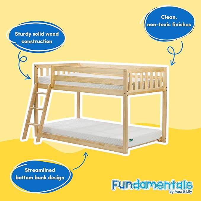 Max & Lily Fundamental Twin Low Bunk Bed, Kids Solid Wood Modern Bed Frame - Image 3