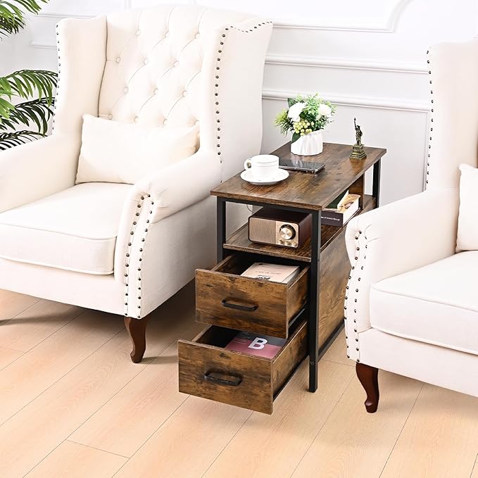Side Tables with Charging Station, Narrow End Table with 2 Wooden Drawers - Image 6
