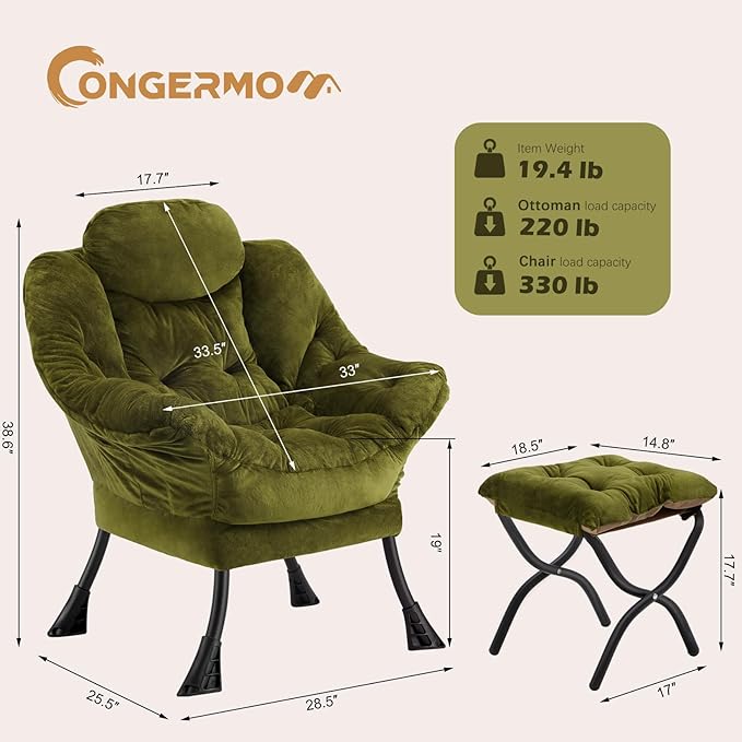 Lazy Chair with Folding Ottoman, Leisure Sofa Chair, Soft Fabric Armchair with - Image 3