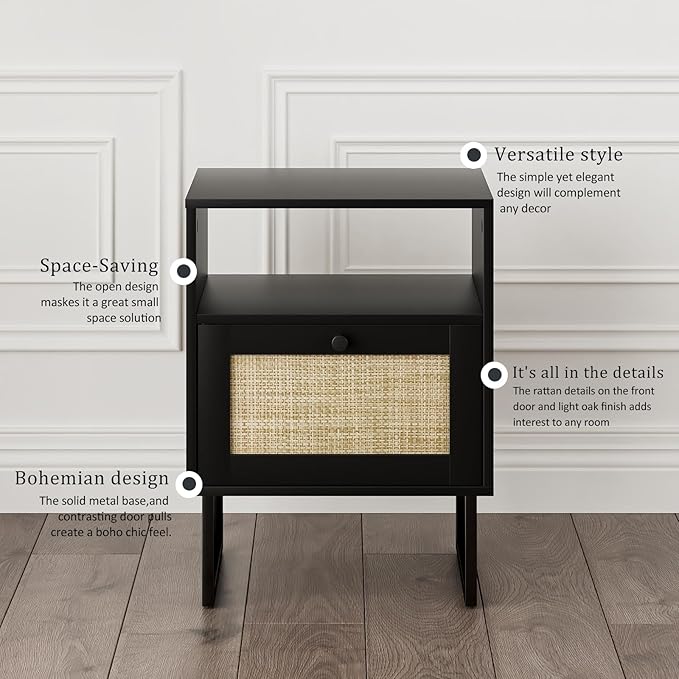 Masupu Rattan Nightstand, Boho Night Stand Modern Farmhouse Wood Bedside Table - Image 8