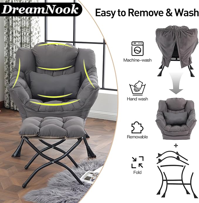 Lazy Chair with Ottoman, Modern Accent Chair with Lumbar Pillow, Comfy Chairs - Image 7