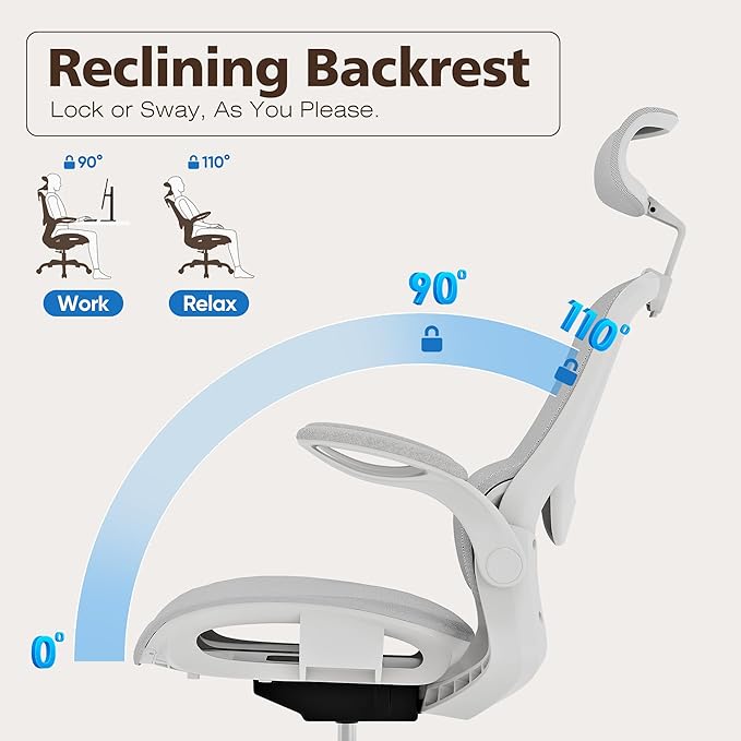 GABRYLLY Ergonomic Mesh Office Chair- White Desk Chair, Flip-Up Armrest - Image 5