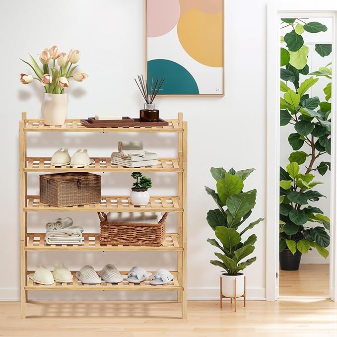 Haddockway 5 Tier Bamboo Shoe Rack Storage Organizer, Small Space 27"x11"x32" - Image 2