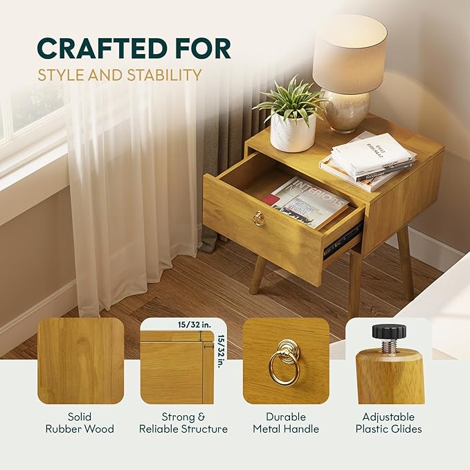 Bme Alden Wood Nightstand, Solid Wood End Table, Mid Century Modern Nightstand - Image 5