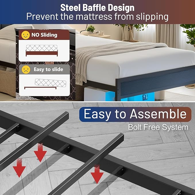 Twin Bed Frame with Headboard, Classic Metal Platform Bed Frame-LED Bed Frame - Image 8