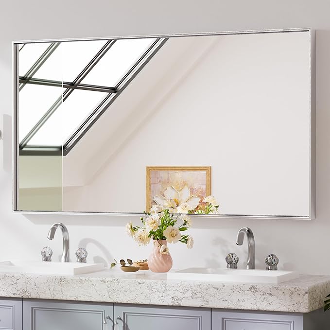 Keonjinn 55 x 30 in Brushed Silver Bathroom Vanity Mirror, Large Silver Framed by Keonjinn