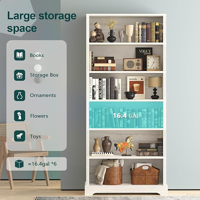 TVU 6 Shelf Bookcase, Freestanding Open Bookshelf, Tall Book Shelf, 11.8" D x - Image 4