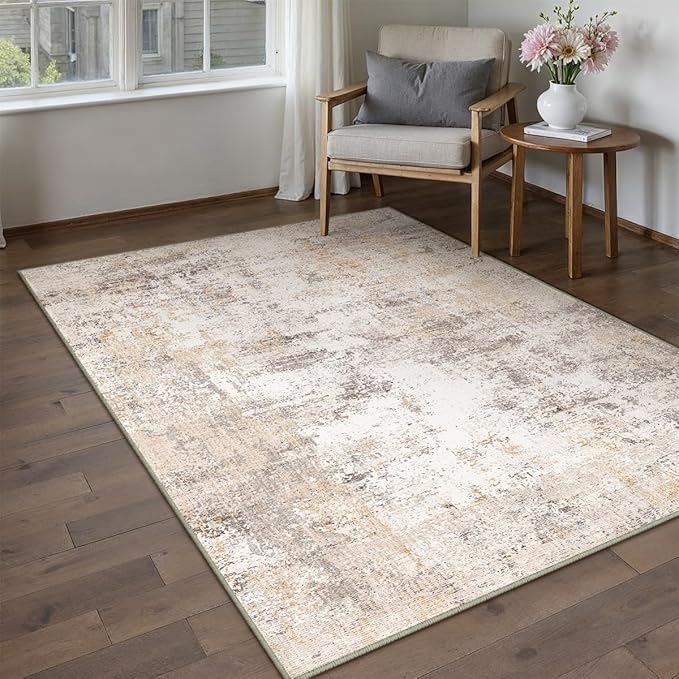 4x5 Washable Area Rug Beige Grey Neutral Abstract Entryway Kitchen Non Slip Low - Image 5