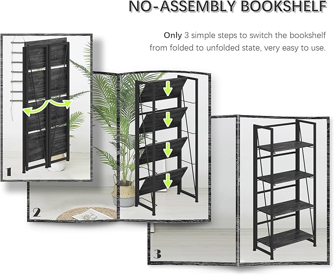 4NM No-Assembly Folding Bookshelf Storage Shelves 4 Tiers Vintage Bookcase - Image 8