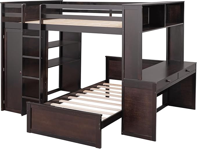 Full Size Loft Bed with Wardrobe Desk and Shelves, Solid Wood Bunk Stand-Alone - Image 4