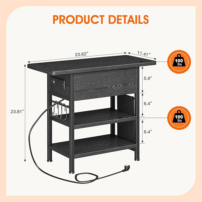 End Table with Charging Station, Flip Top Nightstand with USB Ports and Outlets - Image 3