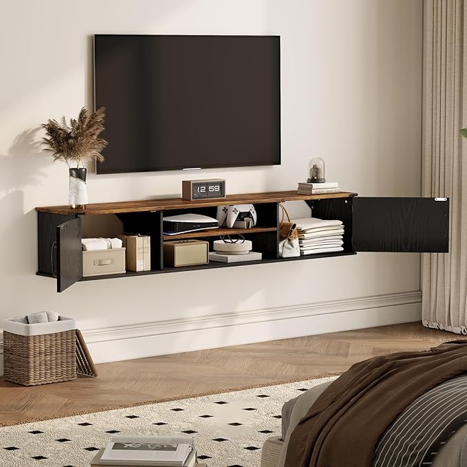 Floating TV Stand with Doors, 2 Tier Wall Mounted TV Stand, Floating - Image 8