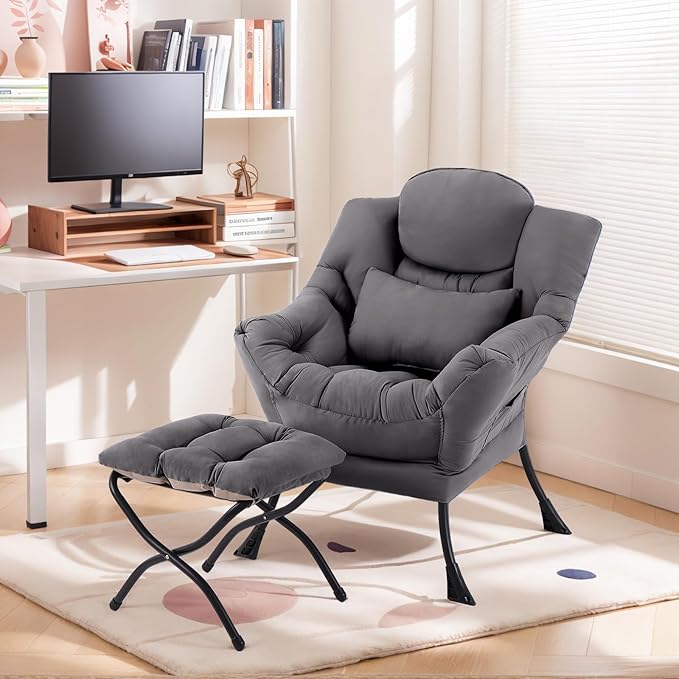 Lazy Chair with Ottoman, Comfy Fabric Accent Lounge Arm Chair with Lumbar - Image 2