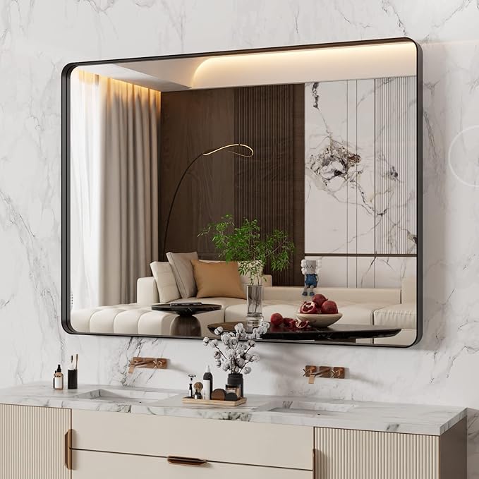 WEER Black Bathroom Mirror 48X36 Inch, Matte Black Bathroom Vanity Mirror by WEER
