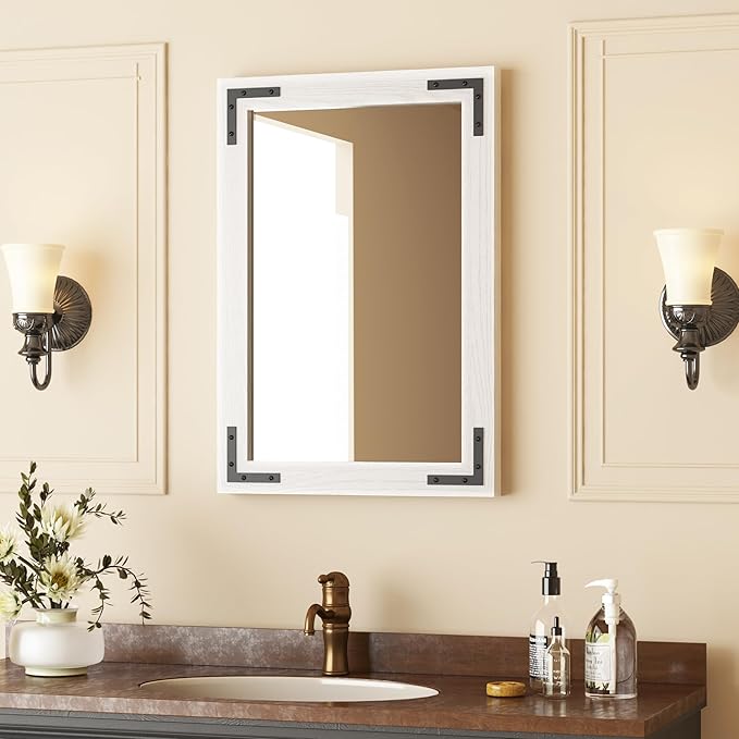 VocalStar White Wood Framed Mirror 18 x 26 Inch, Rustic Natural White Wooden by VOCALSTAR