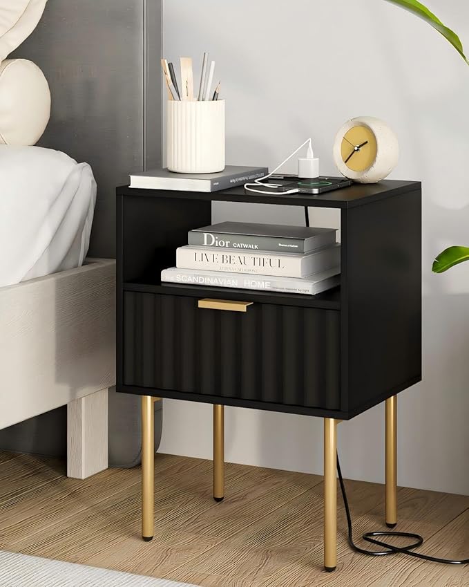 Masupu Nightstand with Charging Station, Mid-Century Modern Bedside Table with by Masupu