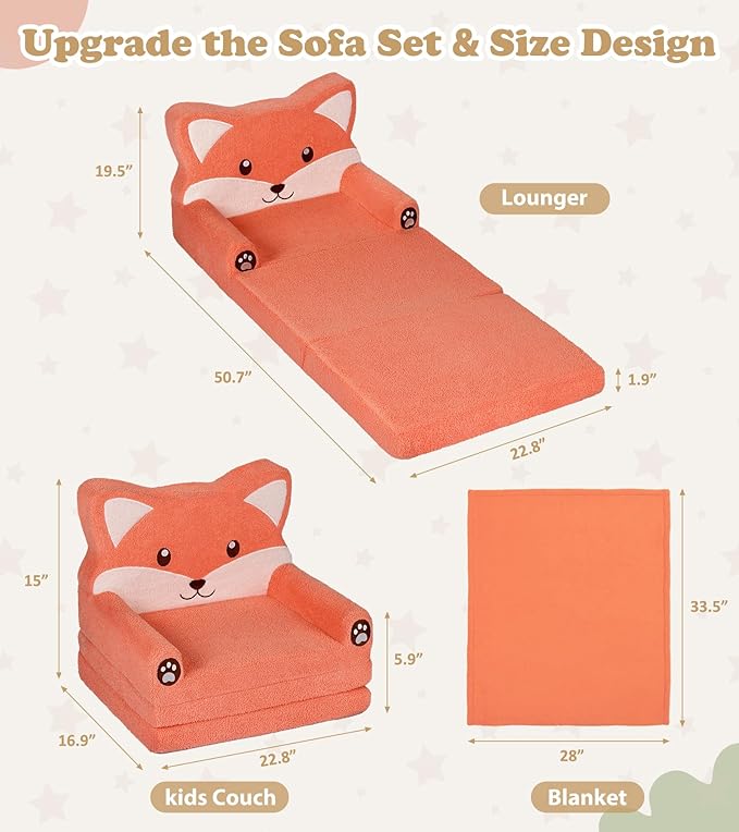 Kids Couch, 2-in-1 Soft Toddler Couch Fold Out - Image 3