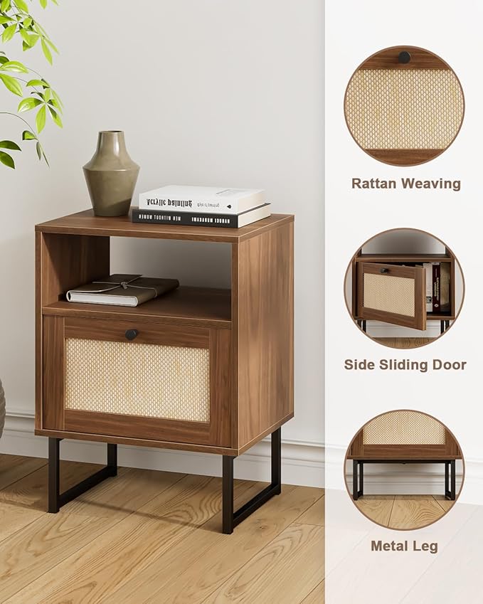 Rattan Nightstand, Boho Night Stand Farmhouse Wood Bedside Table - Image 4