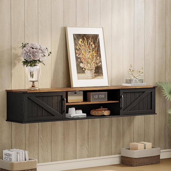 Floating TV Stand with Doors, 2 Tier Wall Mounted TV Stand, Floating - Image 7