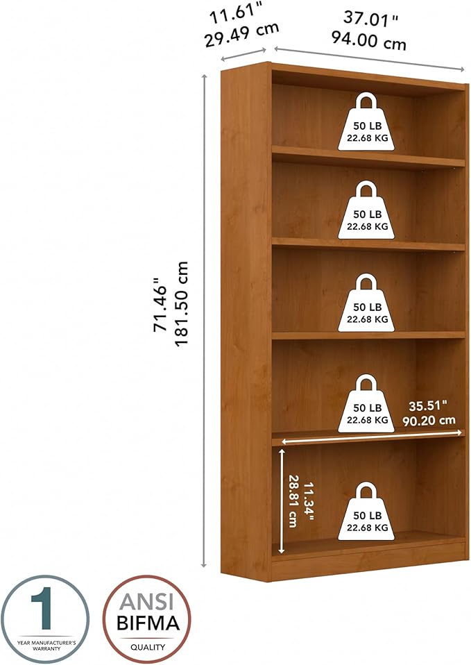 Bush Furniture Universal Tall 5 Shelf Bookcase in Natural Cherry - Image 3