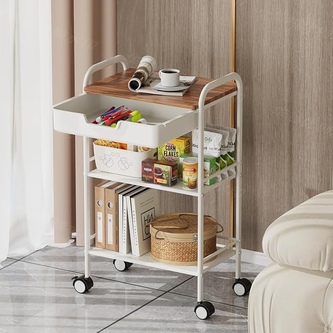 3 Tier Rolling Cart with Drawer, Metal Rolling Storage Cart with Table Top - Image 5