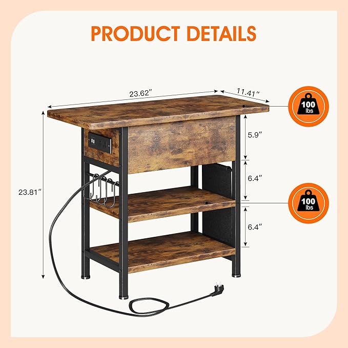 End Table with Charging Station, Flip Top Nightstand with USB Ports and Outlets - Image 3
