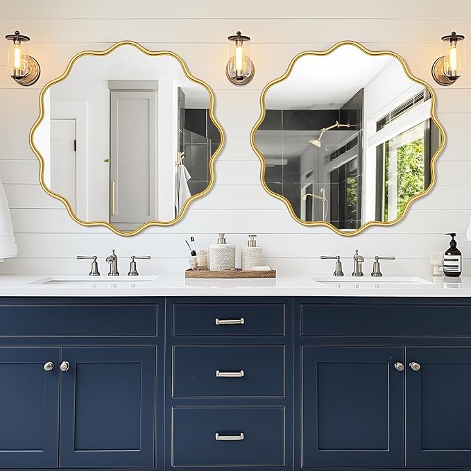 PROHOMEWARE Gold Round Mirror 32 Inch Wavy Bathroom Vanity Mirror Gold Frame - Image 2