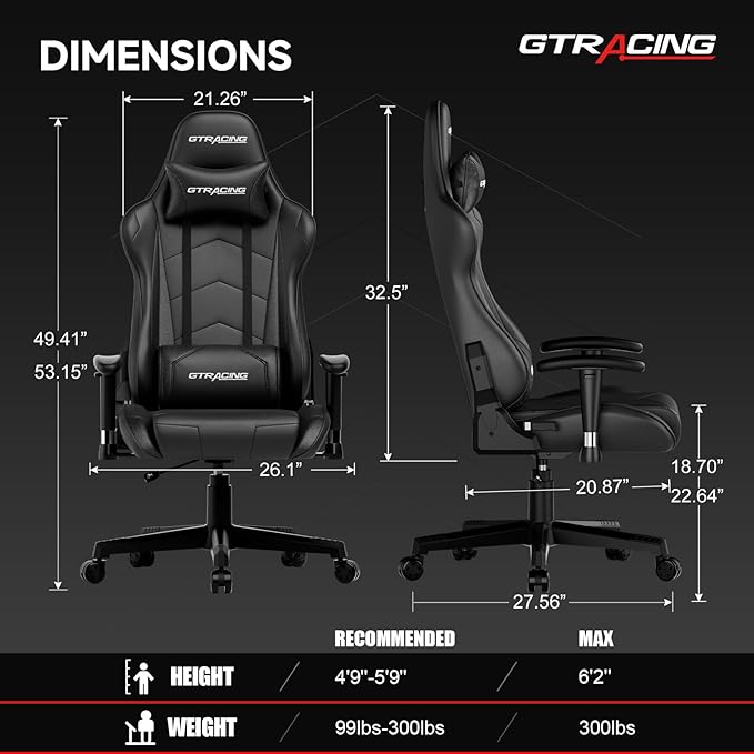 GTRACING Gaming Chair with Reclining Backrest, Adjustable Height and Swivel Base - Image 3