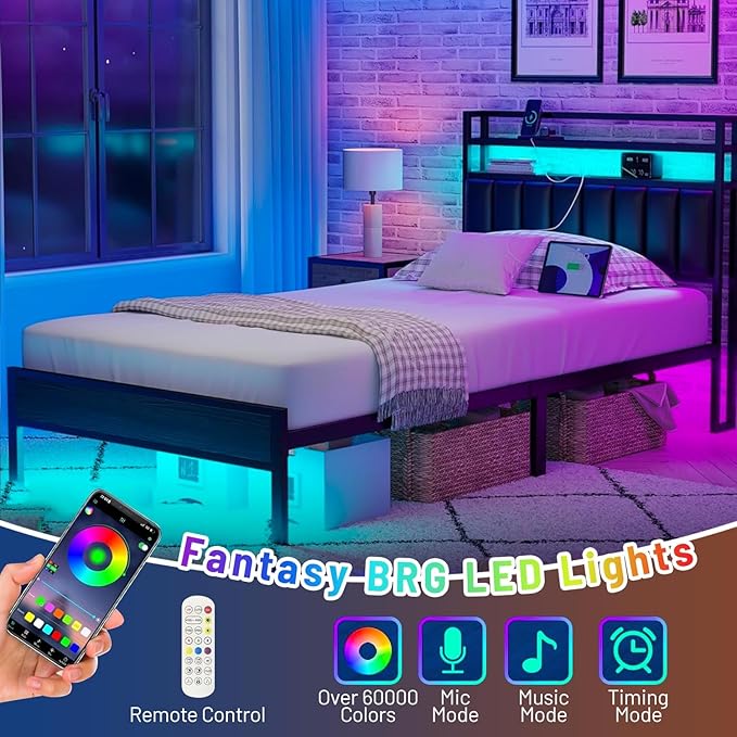 Twin Bed Frame with Headboard, Classic Metal Platform Bed Frame-LED Bed Frame - Image 3