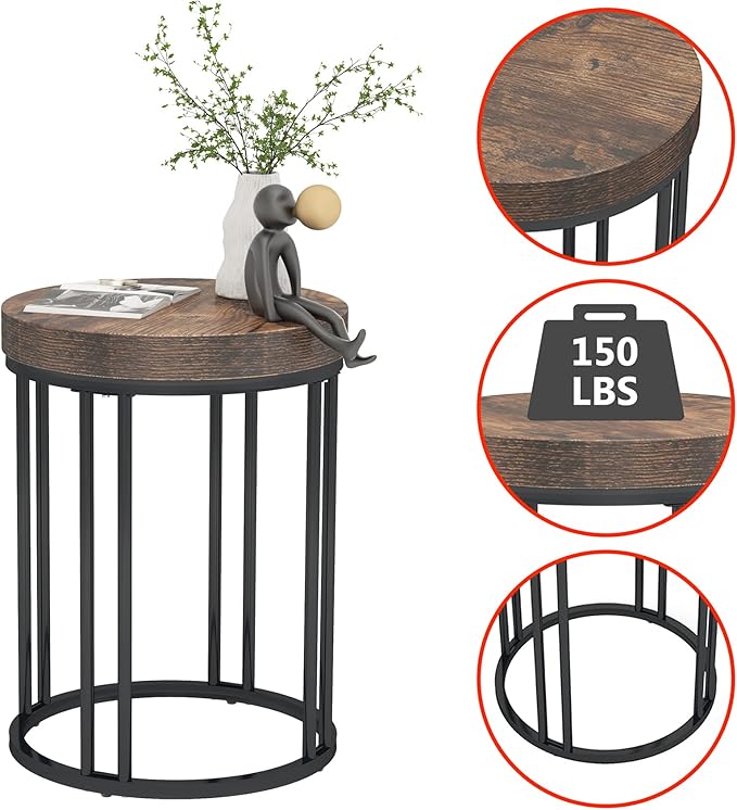 LITTLE TREE Round End Table, Industrial Side Table Small Accent Table, Metal - Image 5